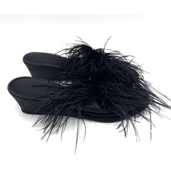 Vintage Madye's Fru-Fru Fancy Wedge Heel Black Slippers w Feathery Detail L 8-9 - Picture 3 of 12